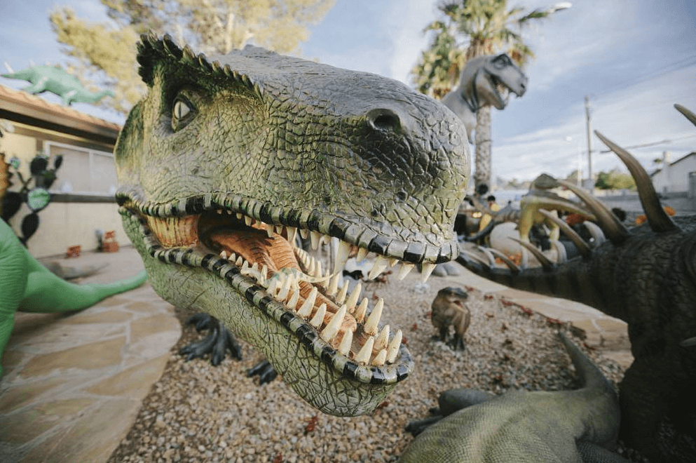 The head of Pete the Postosuchus smiling for his closeup, mouth open, showing all his teeth.